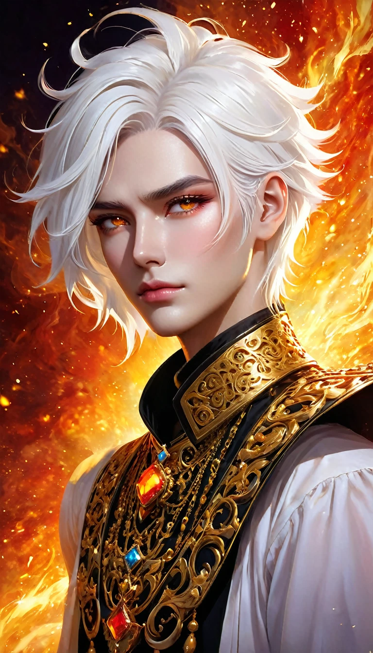 Fiery white hair cascading dramatically, Adorned with a gold patterned collar, Vivid, Abstract colored fiery background, Powerful, Dynamic atmosphere.