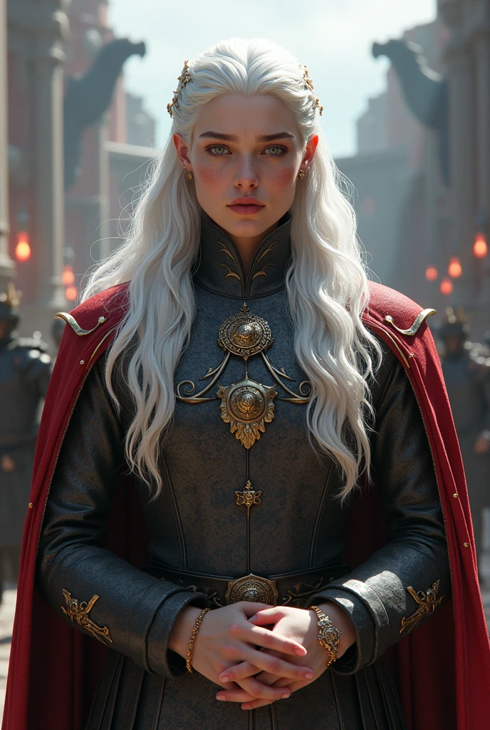 Princess Rhaenys Targaryen in her red armor played by Eve Best in side view with the golden crown of Viserys Targaryen on her head