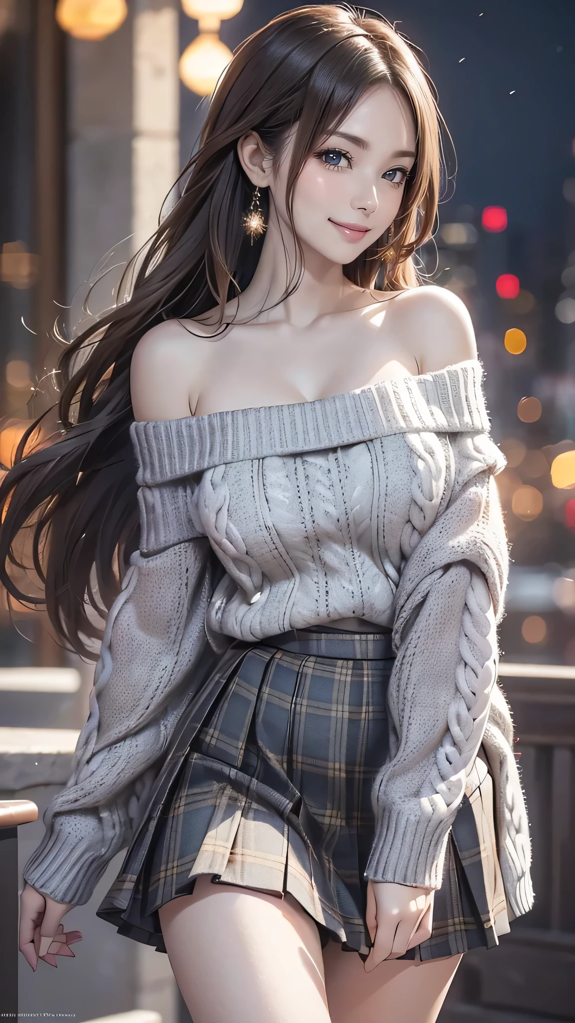 One beautiful girl, Very beautiful detailed face, Laugh shyly, Big Breasts,Deep valley), (Off-the-shoulder sweater, Oversized sweater:1.3), (Skirt flip), (Roll up the skirt yourself), (Flip up the skirt), (Gray Tartan Check Pleated Skirt Lift Yourself), (Lace panties, Showing panties), (Wind power increase), Skirt fluttering in the wind, Lift up your skirt, Semi-long hair, (Beautiful Face:1.2), high quality, Realistic, Very detailed CG synthesis 8k wallpaper, Very detailed, High-resolution RAW color photos, Professional photography, Realistic portrait, Cinematic Light, Beautiful details, Super detailed, Attention to detail, (((bokeh))), Depth of written boundary, Hotel room,Super stylish lighting, 