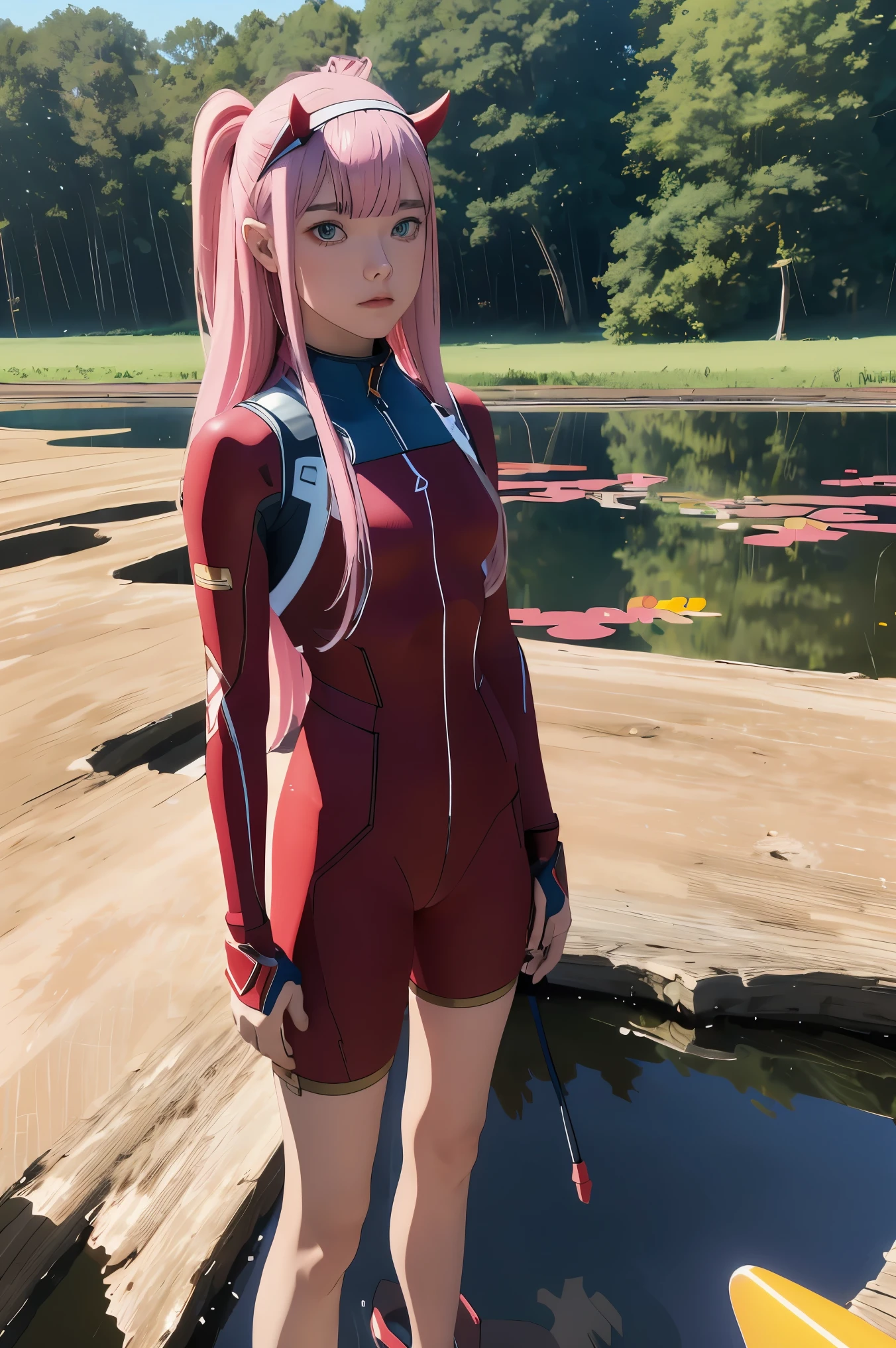 masterpiece, best quality, high res, bbzero2, long hair, horns, hairband, red bodysuit, standing, spacecraft, blue sky, cowboy shot. forest, standing in a pond,, pink hair,