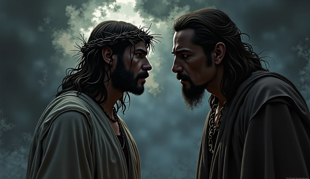 Jesus and Satan wrapped around the tricolor flag in blue, white and black
