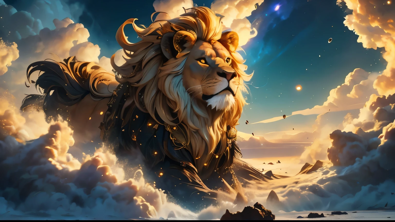 a beast lion made of stardust flutuate in clouds storm