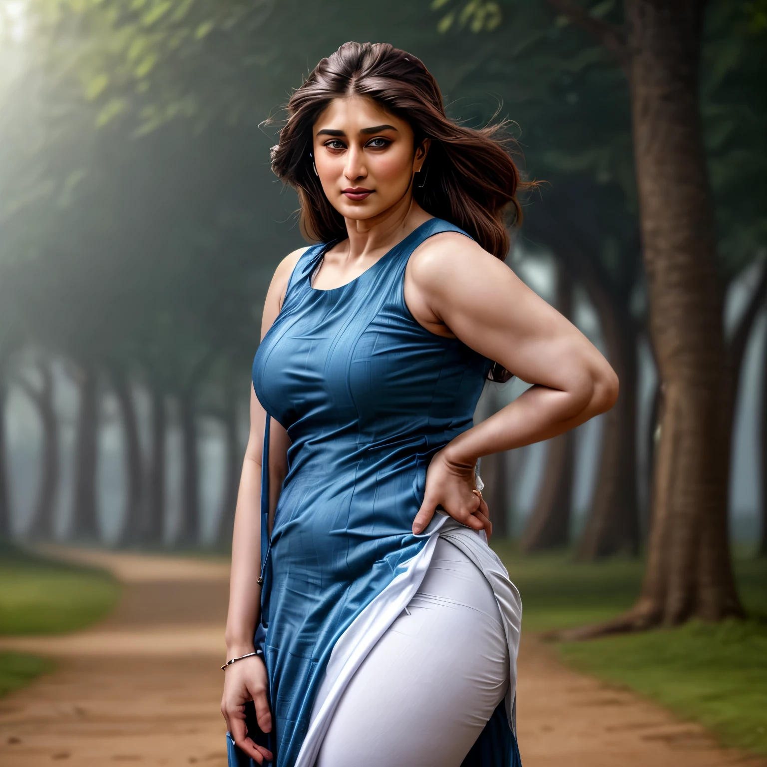 A photo of gorgeous Indian actress Kareena Kapoor with curvy thick bodied, wearing a plain dark blue tight-fitting sleeveless kurti with white cotton tight leggings, back pose, hand on hip, facing camera in the park. Captures ultra-detailed macro images with maximum contrast, emphasizing fine textures and intricate details, 4k resolution, realism. wind flow, kurti fly, big hips, hip pose.