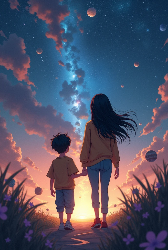 Make a woman with a beautiful back, long loose hair with black bangs, short pink blouse and shorts, with her 3 year old son, blond, with slightly voluminous hair, are standing with their backs facing a wonderful colorful star