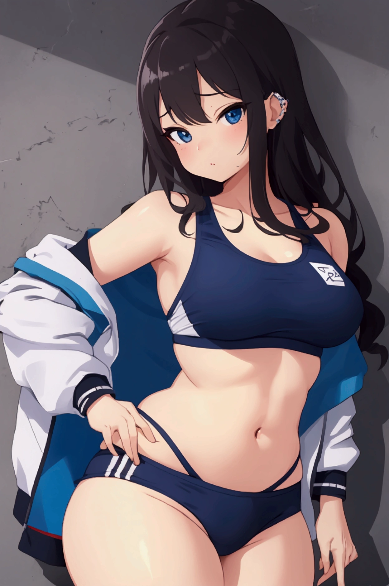 long black straight hair girl, addidas jacket with blue stripes, wearing blue tie, sweat, at the park, blushing, big breast, sensitive emotions
