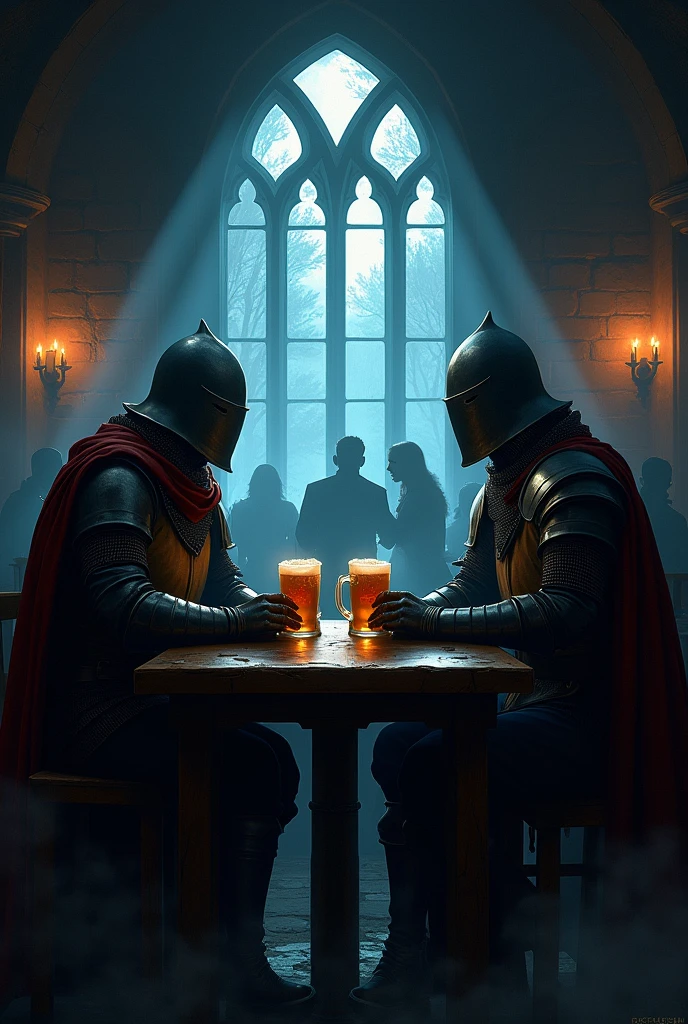 masterpiece、Highest quality、Very detailed、Ultra-high resolution、Sharing drinks with friends、middle ages、knight、starry skies、Aura of Light