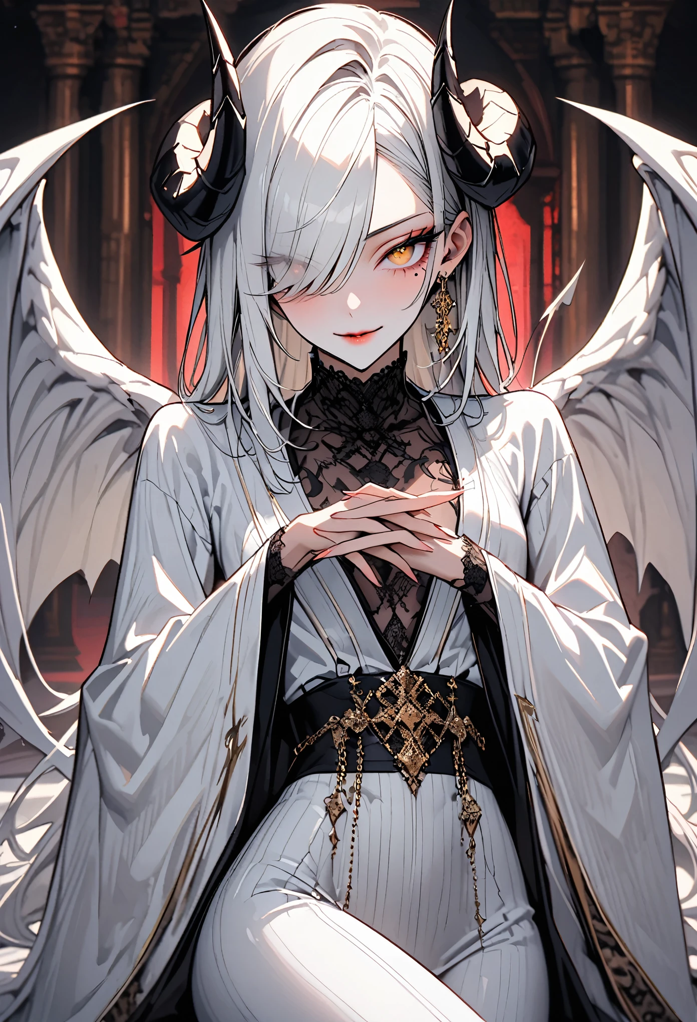 Masterpiece, 4k, high quality, 1 girl,white short hair, white horns,sad depressed expression,blue patterned monk robe, white gloves, magic staff,elf ears, right eye orange left eye blue,tears of blood from her eyes, in the night, in front of a great owl, Chinese neck tattoos, hole in chest dripping blood, tore garment, black blue patterned head band