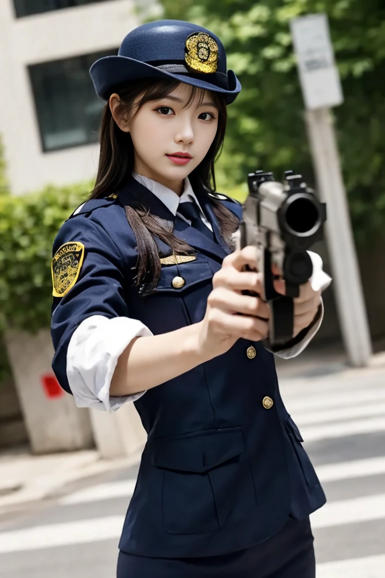 Beautiful policewoman holding a gun、Accurate and precise gun shape