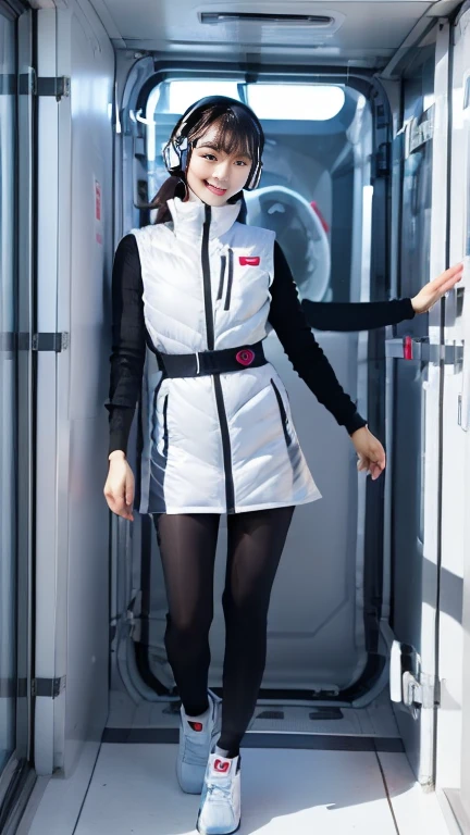 (Best Quality), (masterpiece), 1080P, High resolution, 4K, 8k, Inside the space station、Futuristic room、One Woman,20yo,astrovest,white shiny latex astrovest, black long sleeves,white down skirt,BREAK Shooting from directly below,Composition seen from below:3,BREAK Flip up the skirt、skirt rift up,Show your pants:5,、BREAK Smile、White diapers:3, sweat, Woman looking down,headphone,Braided Hair, Inner Color, Embarrassed face, Short black hair, smartwatch,, bedroom,