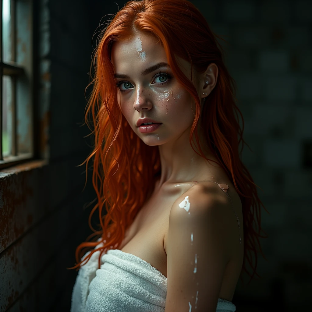 a beautiful very dark tanned woman with perfect and detailed eyes, orange-hair, beautiful detailed lips, extremely detailed eyes and face, long eyelashes, intricate facial features, elegant expression, Mysterious look, cinematic lighting, high quality 3d rendering, photorealistic, hyperdetailed, masterpiece, Digital art, Conceptual art, Generate a full body image of a sexy dark tanned girl in underwear, with the body composed of a dense fog. The fog should be thick and detailed, forming the curves of the body in a mysterious and suggestive way. The face must be visible, but the rest of the body must appear ethereal and nebulous, merging with the environment in a soft and elegant way. The background must be a dark forest, with dark trees and an eerie atmosphere. The image must have a very deep depth of field, making the girl in the foreground stand out clearly against the blurry forest background