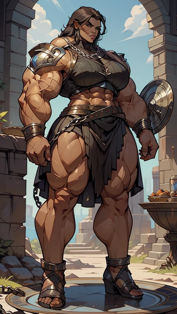 fantasy setting, female character concept, extremely bulky and extremely muscular female barbarian, perfect and flawless musculature, fantasy plate armour, chainmail skirt, character concept, fullbody view, massive hypermuscular proportions, extremely large bulky musculature, feminine yet very strong and muscular, female bodybuilder proportions