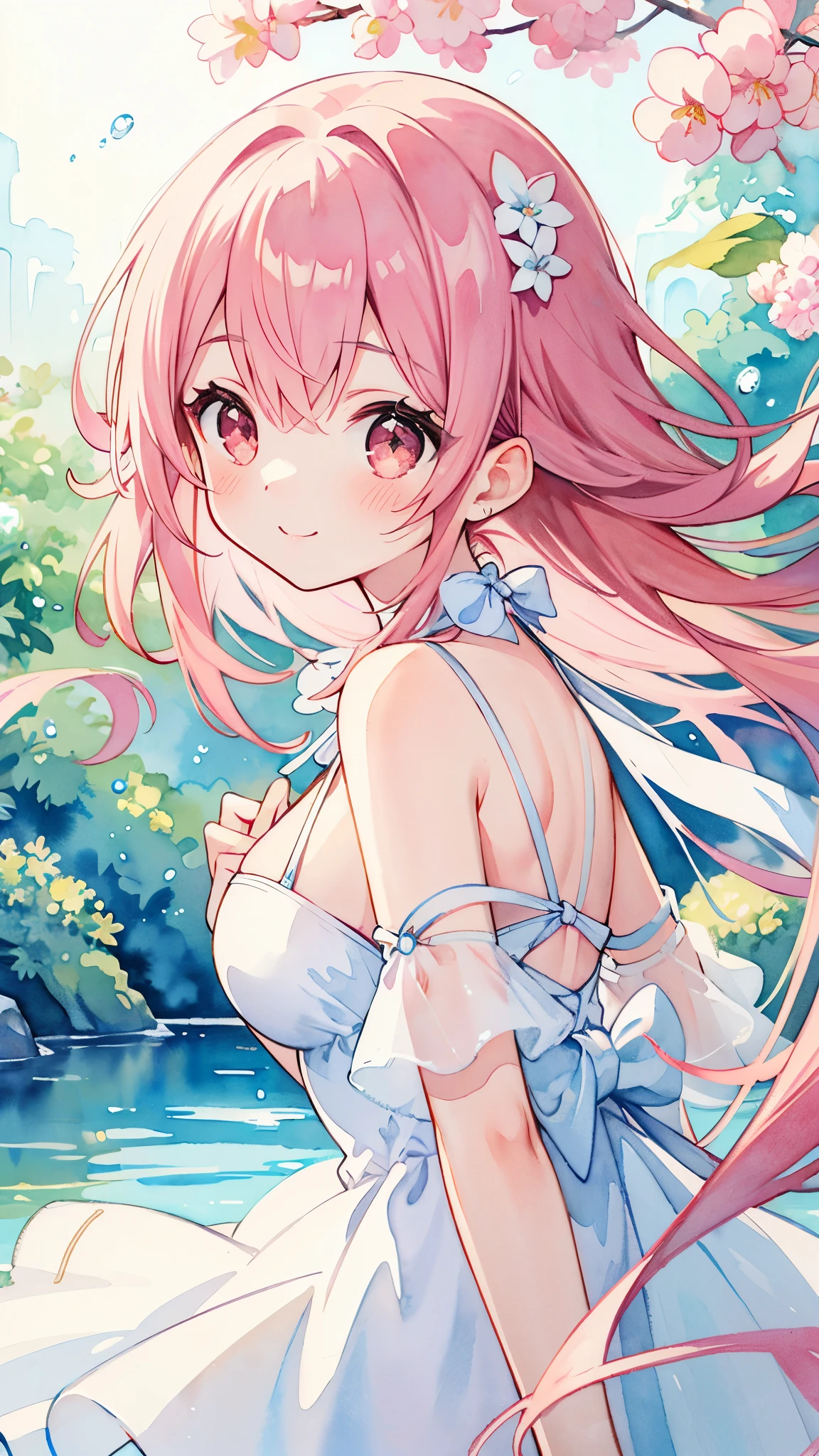 anime、1 female、bottom angle、whole body、semi-long、curly hair、blue eyes、dense lips、well-groomed face、one piece、mini skirt、valley、beautiful breasts、cherry blossoms、cherry blossoms吹雪、Kyoto cityscape、sunlight、masterpiece、ultra high resolution、delicate、16k、perfect lighting
