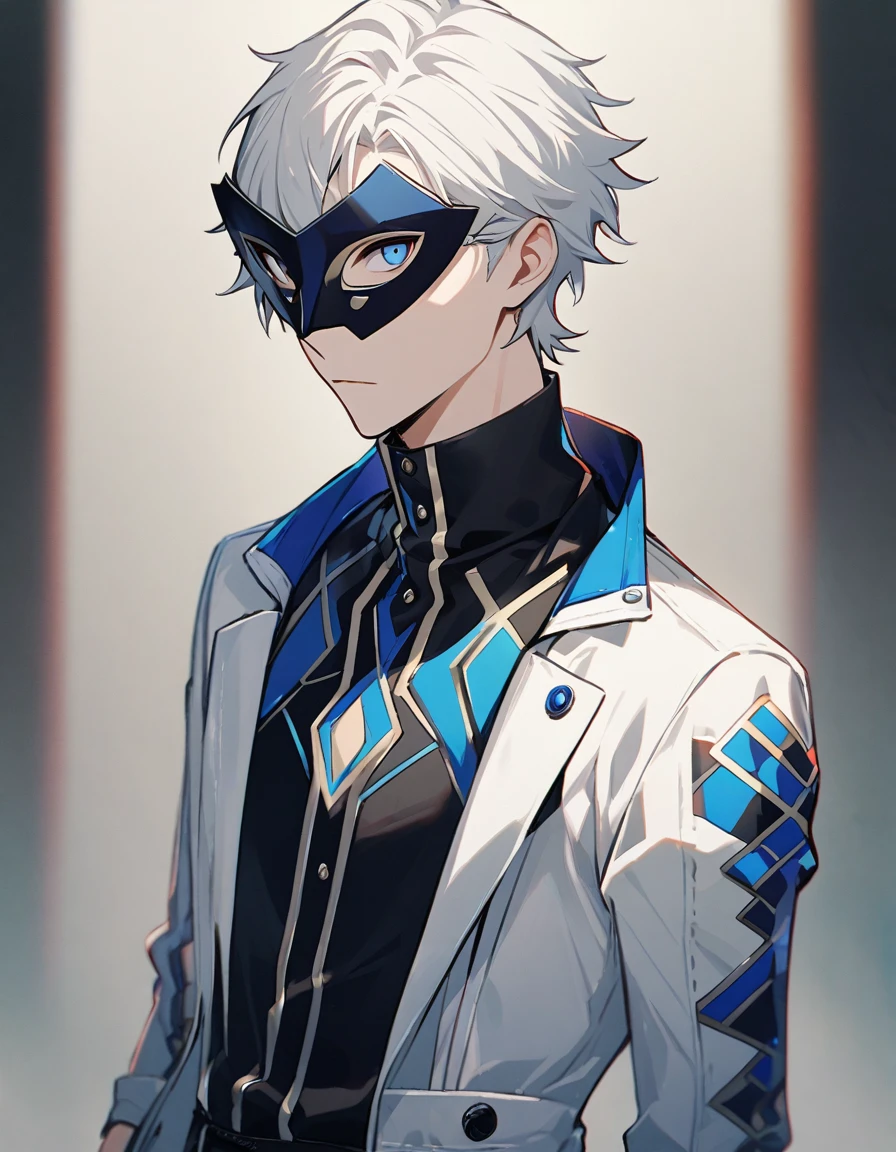 emotionless, cool, 1 male teenager, white hair, blue eyes, upper body, calm, handsome, standing still, persona mask, persona outfit