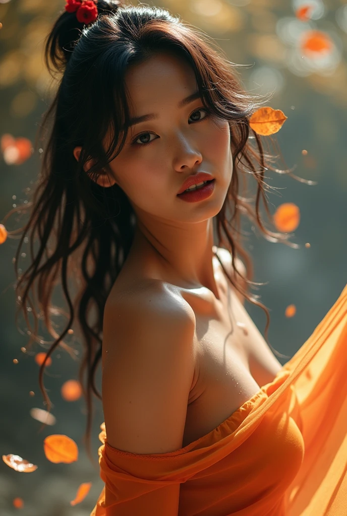 (((8K))), (((High resolution))), (((photo-realistic))), god's rays, zoom layer, (((fULL BODYSHOT))), f/4.0, canon, shiny skin,fine skin,detailed face, fine eyes, 13-year-old Japan female idol, nude,Night view of autumn leaves, Reach for a tree with autumn leaves, , short bob hair, white ribbon, beautiful autumn leaves, Bright red and yellow autumn leaves lit up, cheerful look, full moon, Cloudless night sky, sparkling starry sky