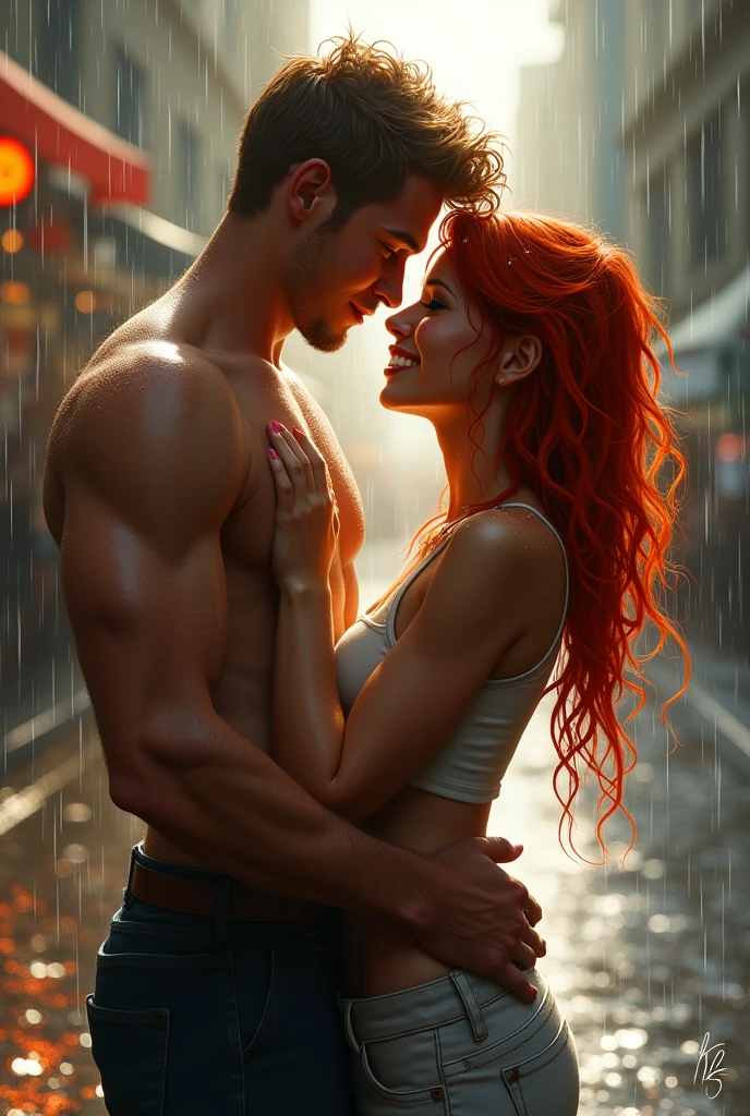 a red-haired girl with long hair, blue eyes and a man a muscular and handsome man with light blue eyes and blond hair, making love on a high balcony, both naked