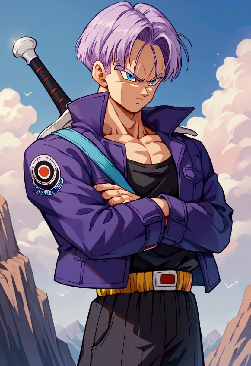 Trunks, purple jacket, black muscle shirt underneath, black pants, sword on the back, blue eyes, black pupil, purple hair, yellow shoes with black tips, mountain landscape, thin arms, thin jacket, with arms crossed(Score_9,Score_8_up,Score_7_up), source_anime, best quality, masterpiece, anime, __prompt__,