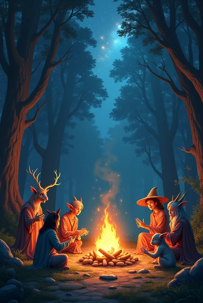 Multiple naked women, witches coven, , different body types, different hair colors, different breast sizes, hairy bush, hairy vaginas, dancing in nature around a bonfire at night, covered in blood