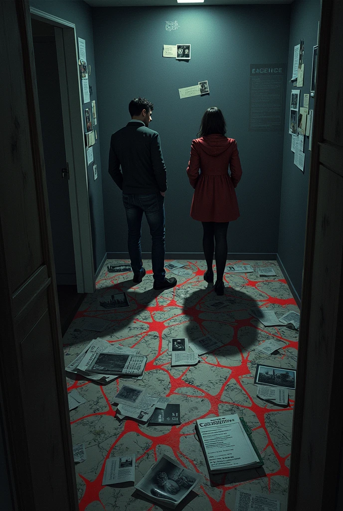 in a hotel room, two beautiful young adult European women with light red hair half naked, beautiful and realistic feet, beautiful and realistic face, big breasts, They are lying on the edge of the bed, opening and bending the legs, This plastic cover, They have eyes with glowing red pupils, emotionless gaze, has a barcode label attached to the abdomen , On one side of the bed there is a large open briefcase and it has spy stuff, On one side there are shoes and women&#39;s dresses hanging, On the side there is a man in a suit and tie putting the girl&#39;s heels on, There is a laptop displaying programming codes on the screen, Hyperrealistic quality image