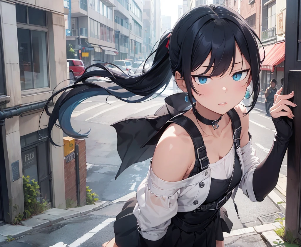(caustics, masterpiece, best quality, high quality, ultra detailed), (black hood, black jacket, scary face, black costume, black gloves, 1girl, solo, curly, covering one eye, hair over one eye, black hair, black eyes, black skin, black, twintails, low twintails), scenery, cowboy shot, teeth, sleeveless, armpits, hair over one eye, grin, facing viewer, beautiful, sad, grumpy, annoyed, disgust, shy, angry, tearful, crying, weeping, shedding tears, streaming tears, wiping tears, sobbing, frowning, scowl, pissed off, glaring, seiza, standing upright, GtsGiga,outdoors,fanasty,Gtscity,cityscape, town square,imprisoned ,jjk sorcerer,stitches