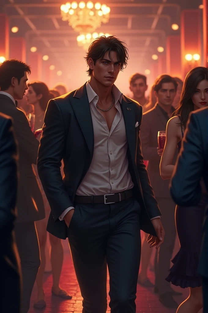 Man in dark blue suit with casual white shirt with two buttons loose. With arms extended on the back of a piece of furniture, grey eyes, black hair, strong, attractive, dangerous and sensual beauty. With a glass in his hand. The setting is in a gambling casino. The one with relaxed appearance. (Hombre demasiado attractive de grey eyes y facciones definidas) adjusting the buttons with his hands 