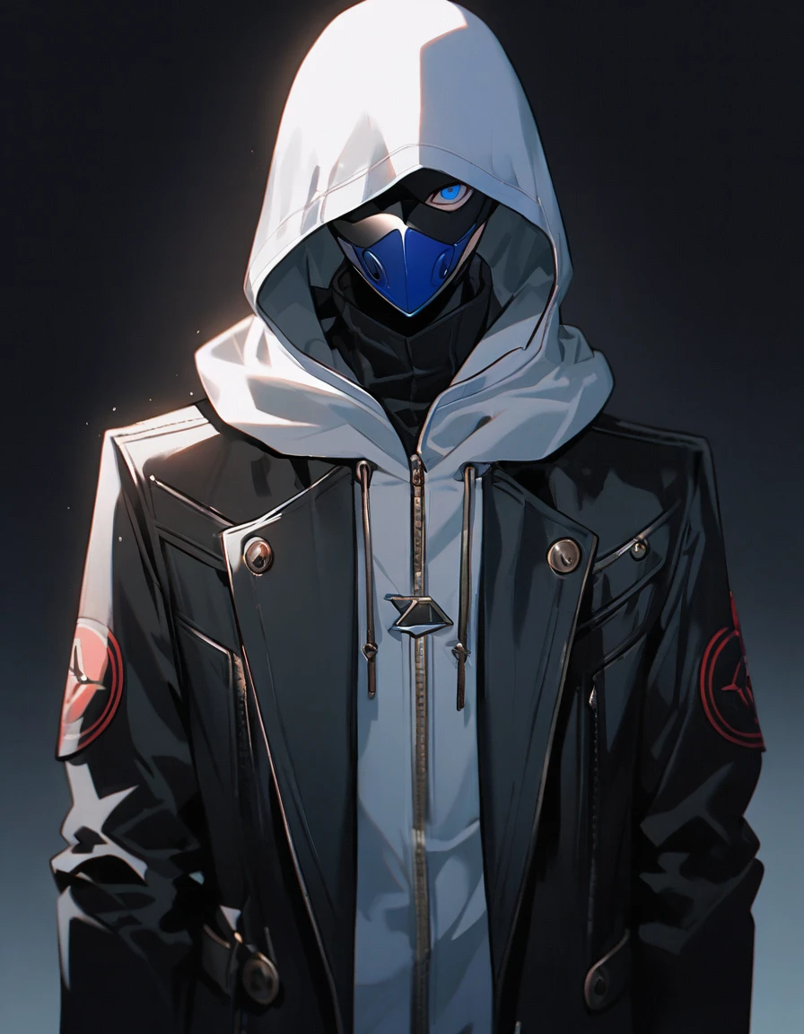 emotionless, cool, 1 male teenager, white hair, blue eyes, upper body, calm, handsome, standing still, persona mask, persona outfit, undercover, long dark coat, wearing a hood, dark background, covered eyes