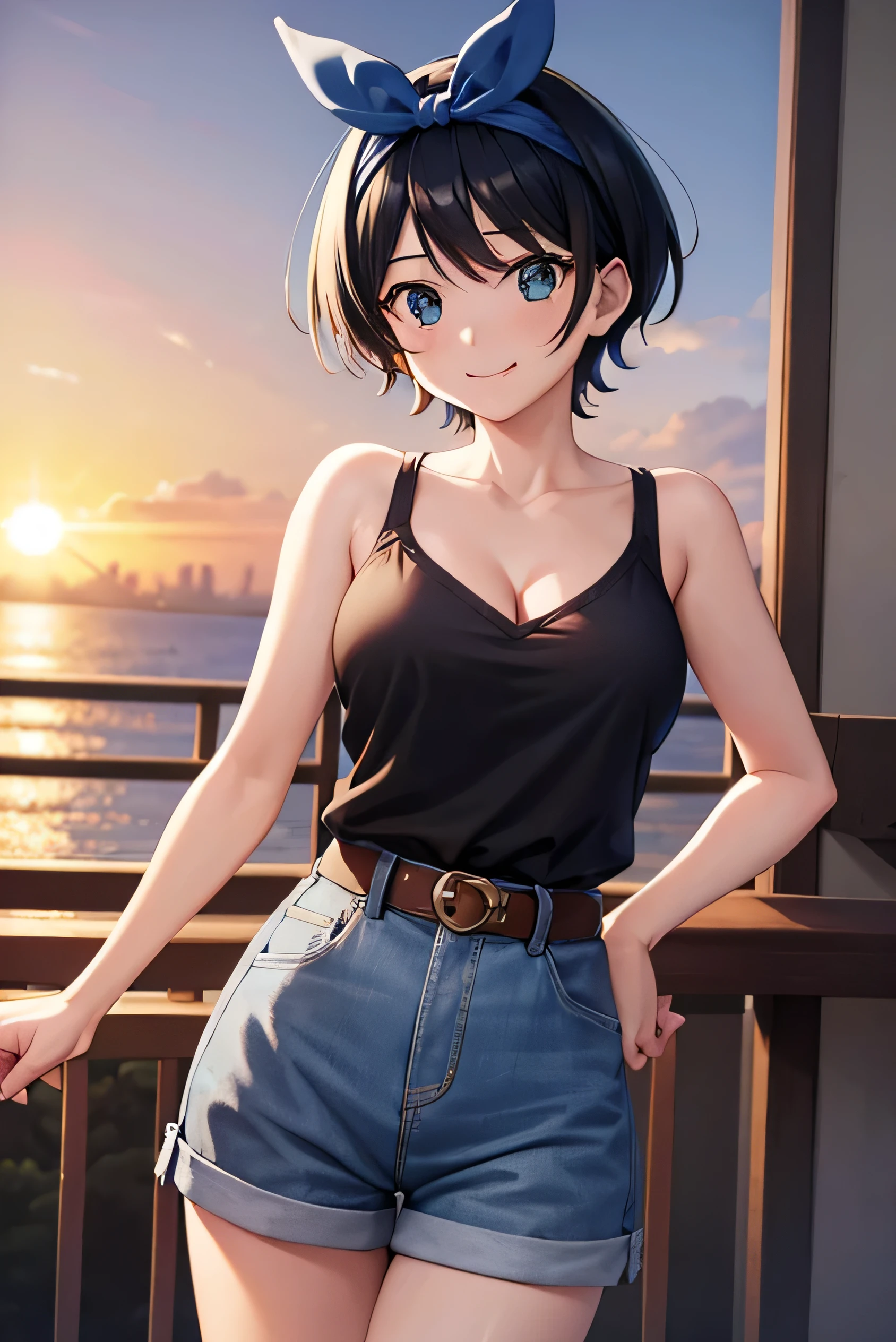 2d, Masterpiece, Best quality, anime, Highly detailed, 1girl, only, Cowboy shot, Nakano Ichika, black hair, short hair, blue hair ribbon, blue headband, blue eyes, cardigan around waist, shirt white sleeveless white, cleavage, jean shorts, tight pants, large breasts, medium waist, wide hips, wide thighs, standing, outdoor street, sunset, good lighting, smiling, embarrassed, mouth closed, good hands, good anatomy