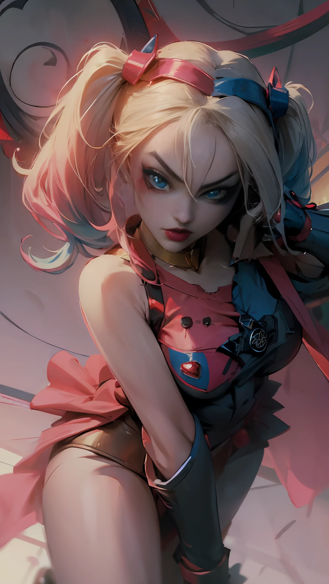 The dark wizard Gils dressed as Harley Quinn. He has blonde and black hair.. Blue eyes. Red lips. Gils, the dark magician, Did you dress up as Harley Quinn??. Sensual and innocent pose.. circus background 