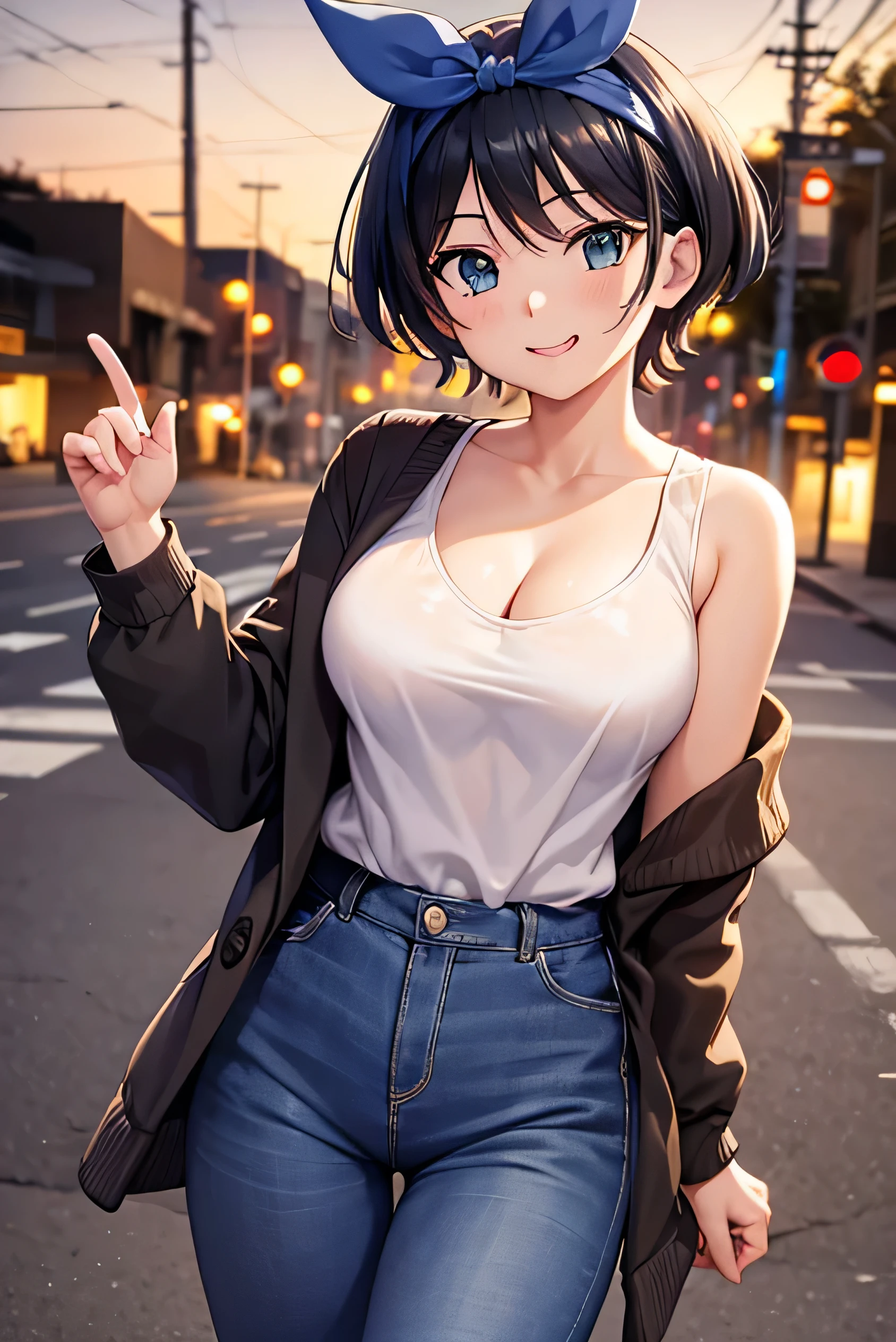 2d, Masterpiece, Best quality, anime, Highly detailed, 1girl, only, Cowboy shot, Sarashina Ruka, black hair, short hair, blue hair ribbon, blue headband, blue eyes, cardigan around waist, shirt white sleeveless white, cleavage, blue jeans, tight pants, large breasts, medium waist, wide hips, wide thighs, standing, outdoor street, sunset, good lighting, smiling, embarrassed, mouth closed, good hands, good anatomy