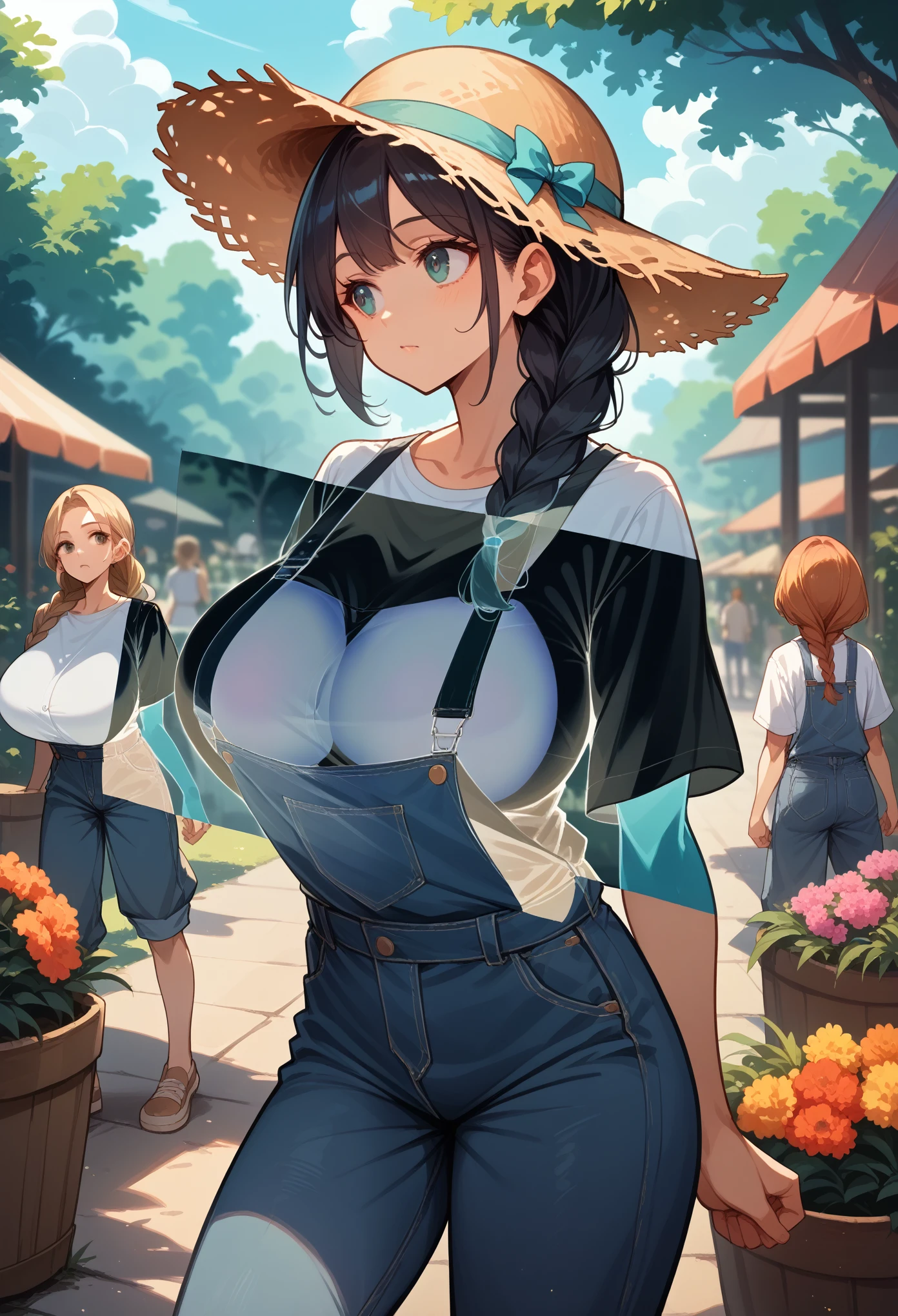 straw hat with floral accents, long braid, white button-up shirt, blue denim overalls, standing pose, relaxed stance, looking into the distance, smooth skin, bright outdoor market scene, rustic buildings, trees, warm sunlight, shadows from the right, lively and fresh atmosphere, front view, shallow depth of field, well-balanced exposure. breast implants,x-ray, large breasts.