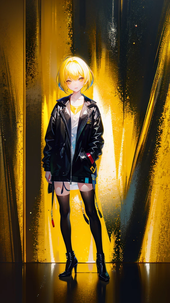 1 girl, short yellow hair, cyberpunk, Alice in Wonderland, black high heels, hand in pocket, best quality, 4k, 8k, highres, masterpiece:1.2, ultra-detailed, realistic, photorealistic, photo-realistic:1.37, HDR, UHD, studio lighting, ultra-fine painting, sharp focus, physically-based rendering, extreme detail description, professional, vivid colors, bokeh, concept art