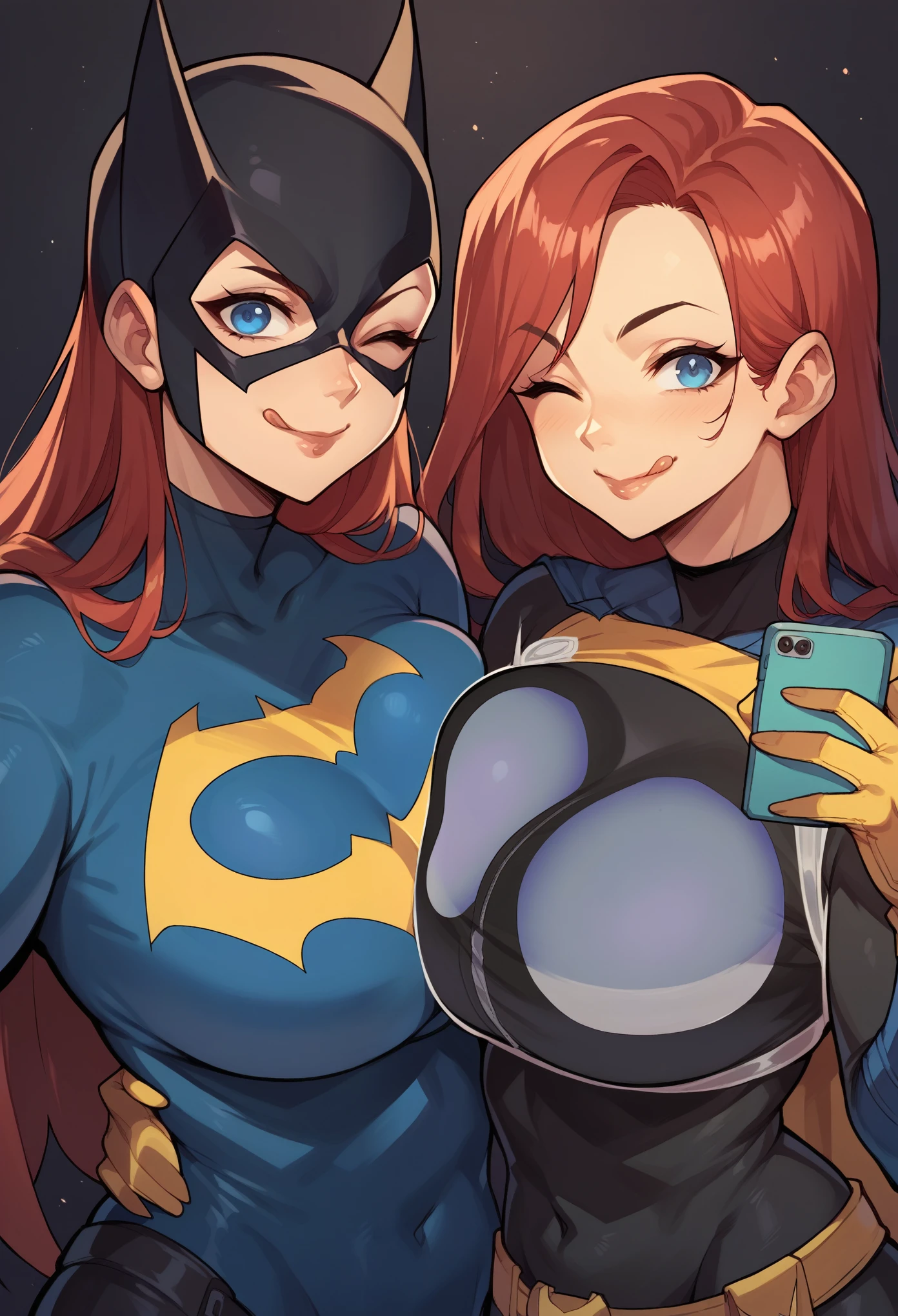 source_western, adamhughesstyle, 1girl, Batgirl, bodysuit, superhero, red hair, masked, blue eyes, big breasts,dramatic lighting, dark background, upper body selfie, holding a phone, closeup shot, cute smile, wink, showing tip of a tongue, score_9, score_8_up, score_7_up, score_6_up, score_5_up, score_4_up, breast implants,x-ray.