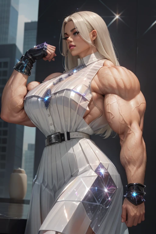 ((Close-up)), tall, (White hair) beautiful muscular woman, long straight hair, brown skinned, closed smile, large breast, (black lipstick), (massive muscles), (hyper muscle), (((ginormous bulky muscles))), blue eyes, ((((white sleeveless Crystalline pleated shirt)))), ((((white long Crystalline pleated skirt with belt)))), (fingerless gloves), (white necktie), thigh highs boots, in a mystical skyscraper, 