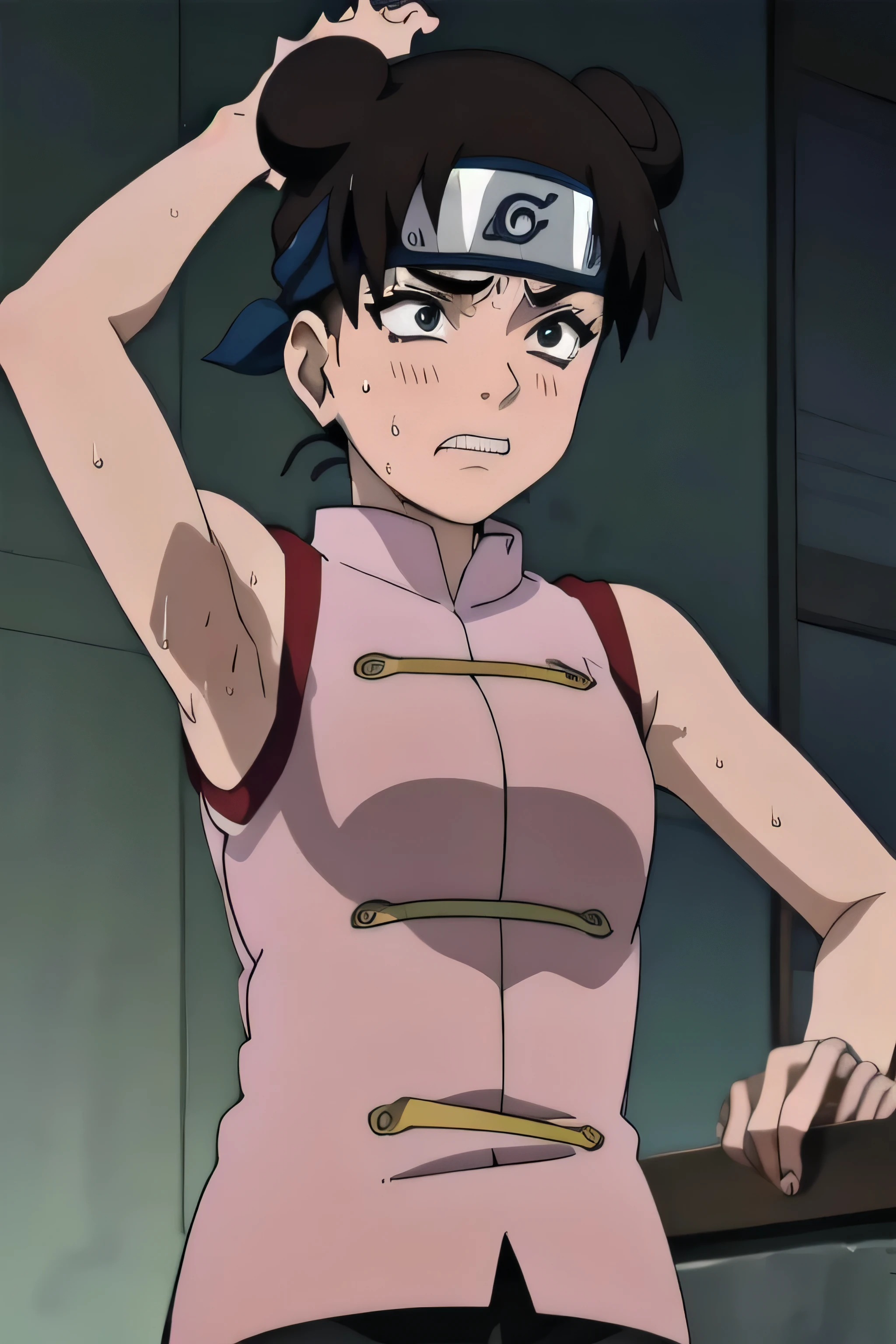 Tenten,solo,armpits,wet armpits, showing wet armpits, armpit,armpits,sweat,sweaty,sweaty armpits,awesome armpits,tired,exhausted,arms up,arm warmers,sleeveless, moderately sized breasts