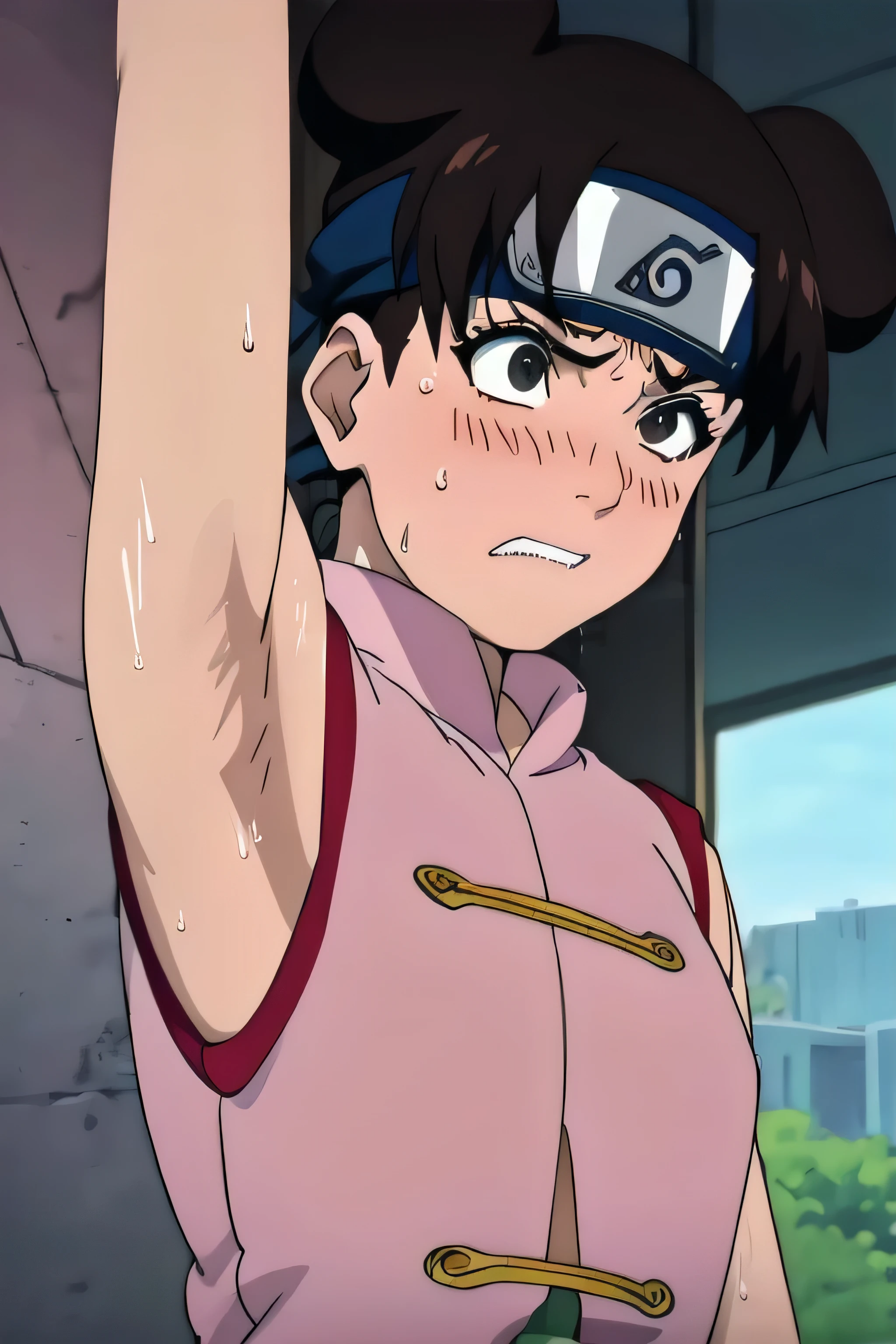 Tenten,solo,armpits,wet armpits, showing wet armpits, armpit,armpits,sweat,sweaty,sweaty armpits,awesome armpits,tired,exhausted,arms up,arm warmers,sleeveless, moderately sized breasts