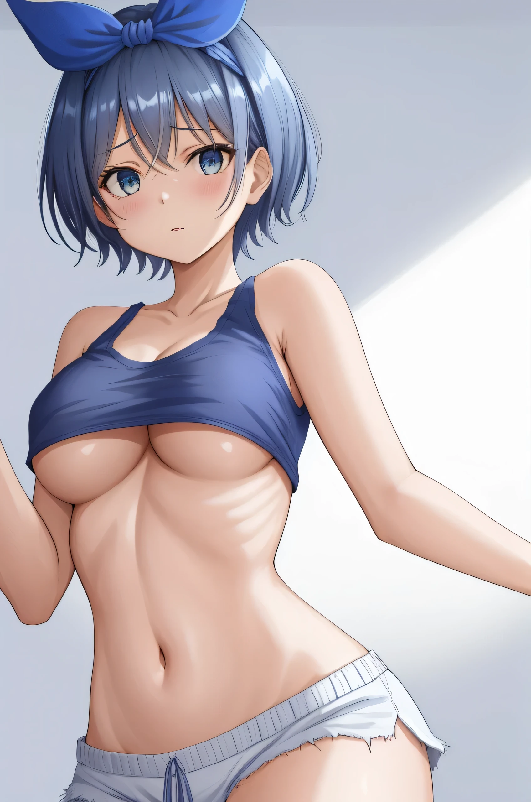 Sarashina Ruka, short hair, blue hair ribbon, blue headband, oversize tank top,side breasts, underboobs,sideboobs, white hot shorts