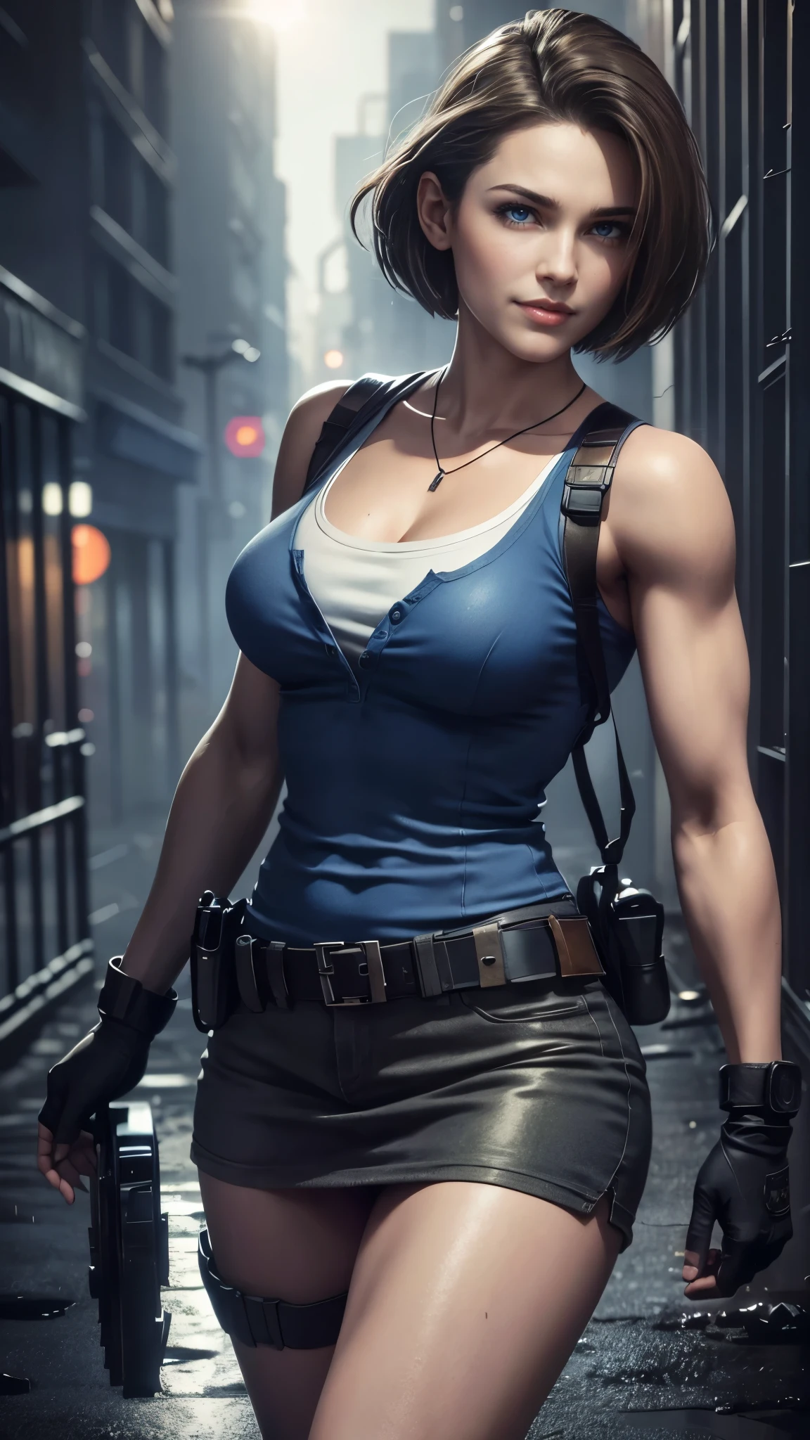 Jill Valentine da resident evil,(best qualityer,4K,8k,high resolution,work of art:1.2)(weather: rain), back alley background, city ruins, short curly hair, brown hair, blue sleeveless top, tight black mini skirt, brown boots, harness, police gear, combat pose, ultra detailed,portrait,realistic,beautiful detailed blue eyes, beautiful detailed lips,extremely detailed eye and face, long eyelashes,average, medium breasts,flying hair,beaming smile, sexy smile,powerful girl, bright coloured, dramatic lighting, dirty clothes,