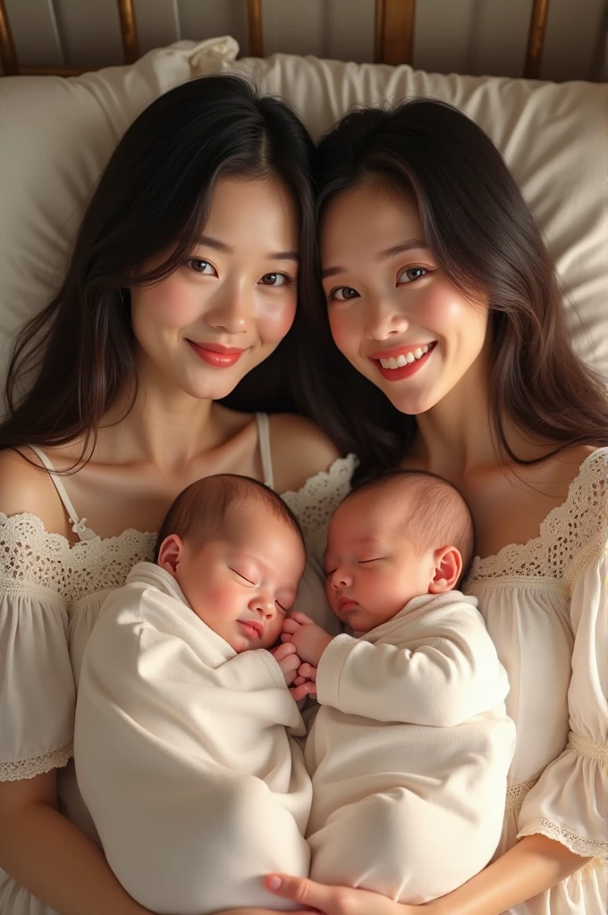Lesbian couple. Blonde Asian woman with baby girl on her lap. Asian woman with black hair and baby in her arms.