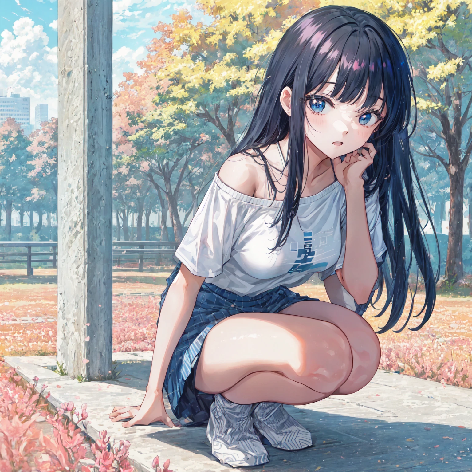 masterpiece, best quality, pastel color,4K,super detailed skin,best quality background,ultra detailed eyes,park,diagonal bangs long hair,デニムミニスカート,beautiful hair,establishing shot,18歳,Skirt gap,A plain off-the-shoulder T-shirt,お腹,スニーカー,put your hands on your knees,,前かがみ,{{beautiful middle-sized breasts1:4}},master peace ,{{beautiful blue eye1:4}},Photo real 1;4, top quality, {{beautiful butt}}, cute girl, high quality background,