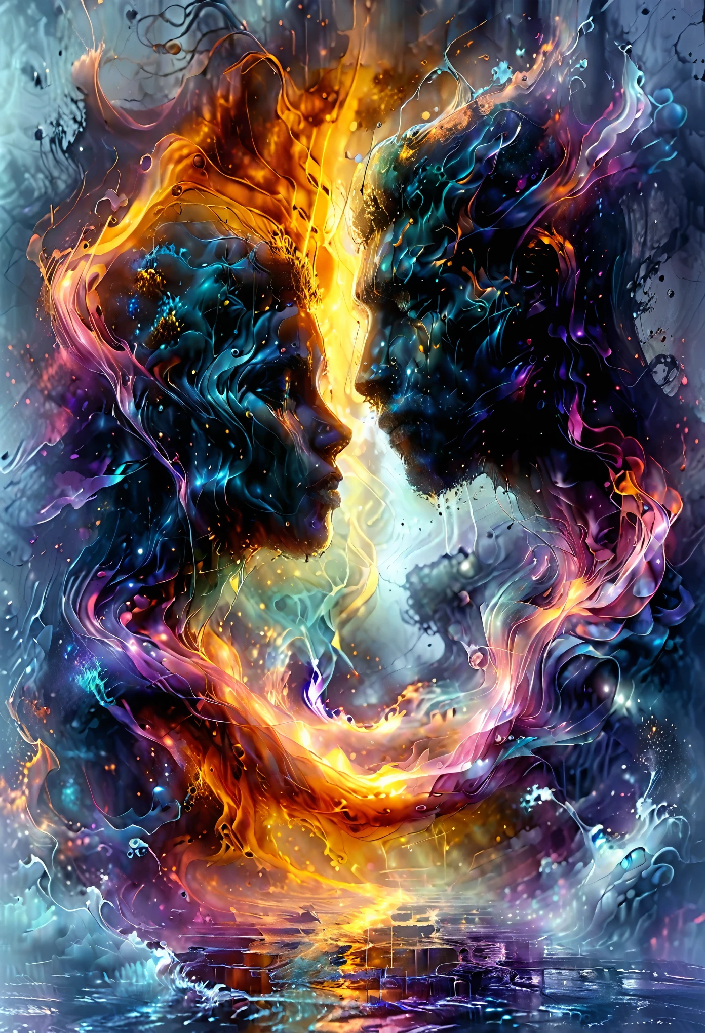 A woman and a man silhouettes emerging from a liquid and metallic-looking smoky mass, cold colors, dramatic atmosphere, intricate details, cinematic lighting, photorealistic, concept art style