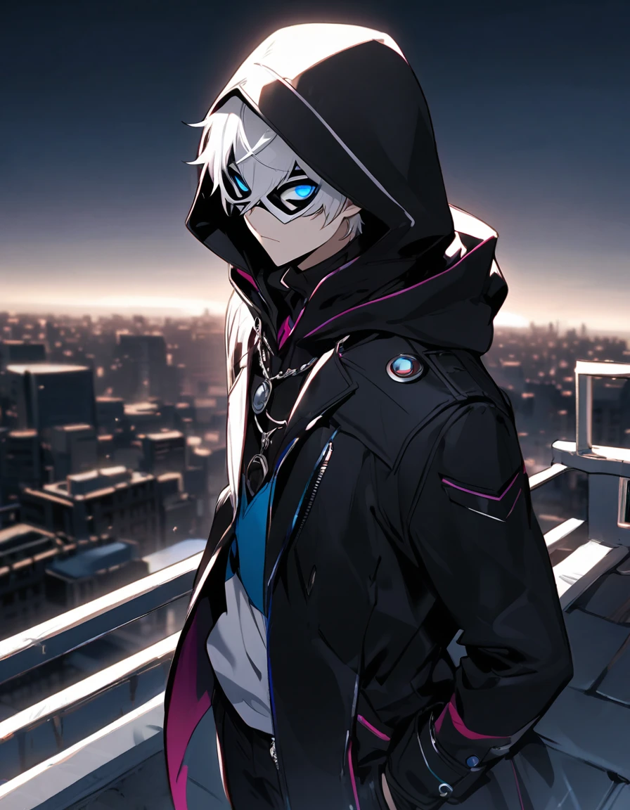 emotionless, cool, 1 male teenager, black and white hair, blue eyes, persona mask, covered eyes, black coat and hood, standing on a rooftop, phantom thief