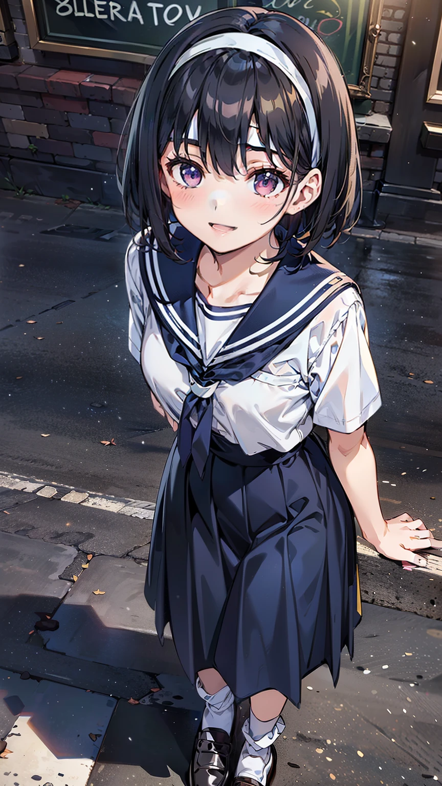 (Highly detailed CG Unity 8k), (Best Quality)，(Very detailed)，(Ultra-high resolution), Black Hair, A high school girl wearing a navy blue sailor suit, Anime 2D Rendering, Realistic high school girl, (White headband:1.4), smile, Purple eyes, Small breasts, Tall, Slanted Eyes, (On campus), (White tri-fold socks:1.4), Bright colors, Open your mouth a little, (Dark blue long skirt:1.4), Bobcut, Brown Loafers, 