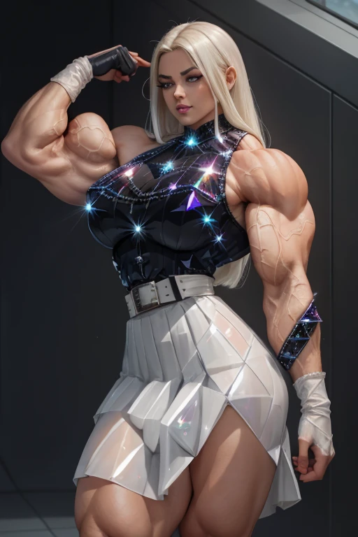 ((Close-up)), tall, (White hair) beautiful muscular woman, long straight hair, brown skinned, closed smile, large breast, (black lipstick), (massive muscles), (hyper muscle), (((ginormous bulky muscles))), blue eyes, ((((white sleeveless Crystalline pleated shirt)))), ((((white long Crystalline pleated skirt with belt)))), (fingerless gloves), white necktie, thigh highs boots, in a mystical skyscraper, 