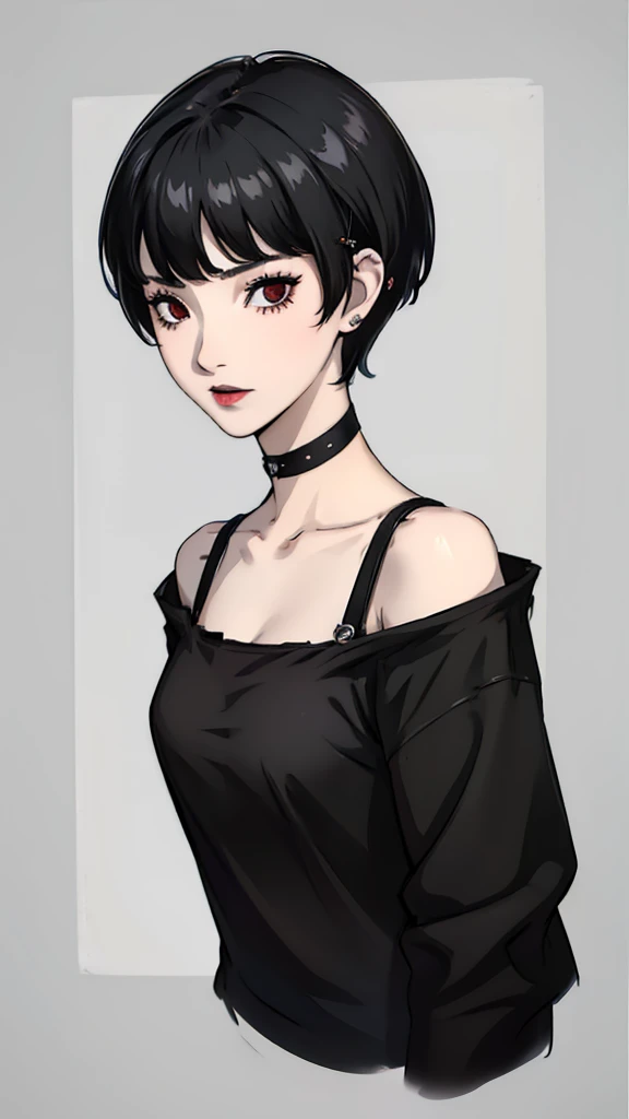 1 girl, very Short hair, tomboy Pixie haircut, black hair, red eyes, black lipstick, black lipstick, face portrait, black choker, bandeau  , front face, bedroom, front face, face portrait, bangs, earpiercings