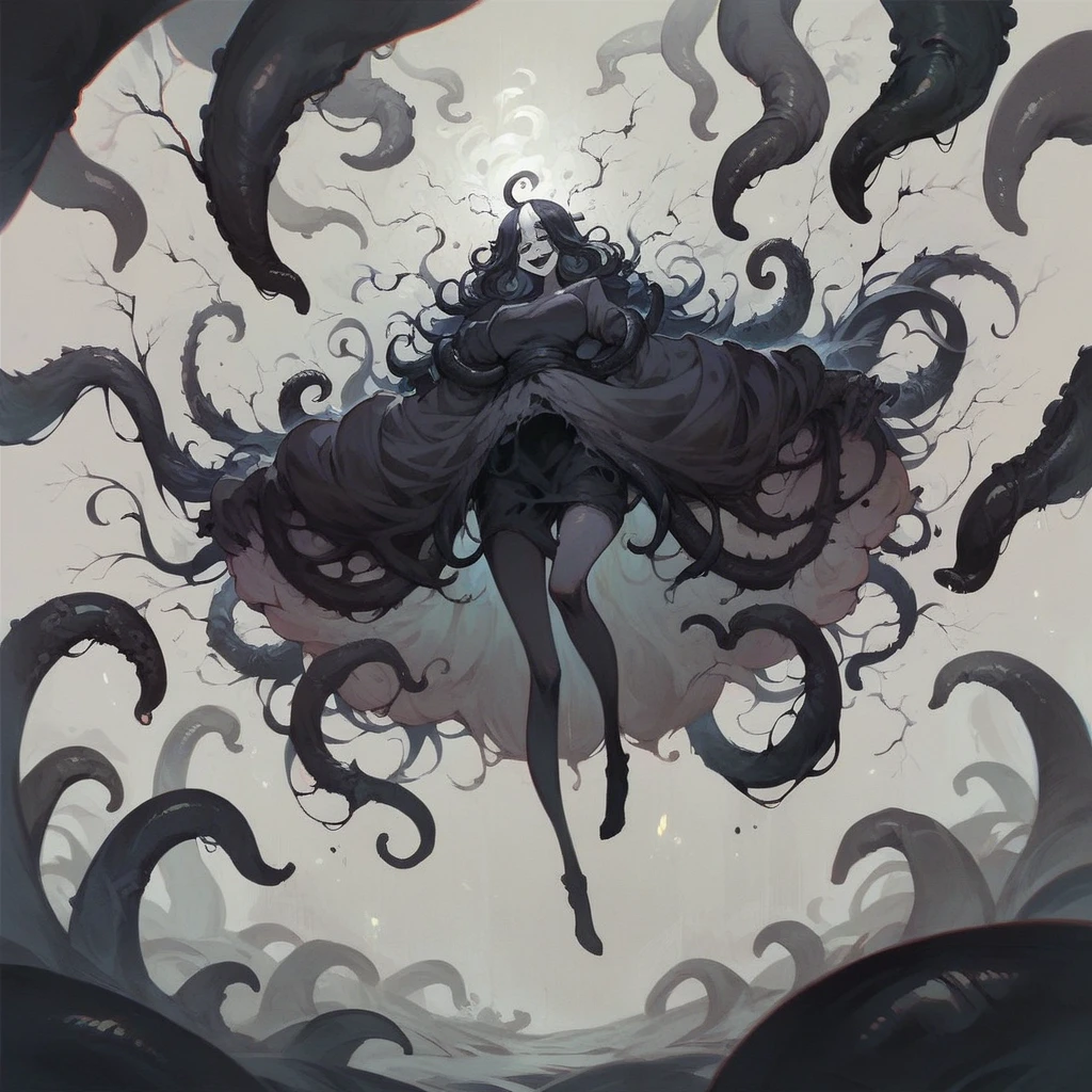 Beautiful doll girl with electric web from her head to stormy sky, static electricity in air, tall sinister smiling shadow people beside her, dark black tentacles holding her arms and legs, dark horror 