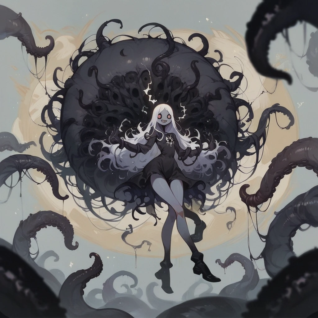 Beautiful doll girl with electric web from her head to stormy sky, static electricity in air, tall sinister smiling shadow people beside her, dark black tentacles holding her arms and legs, dark horror 