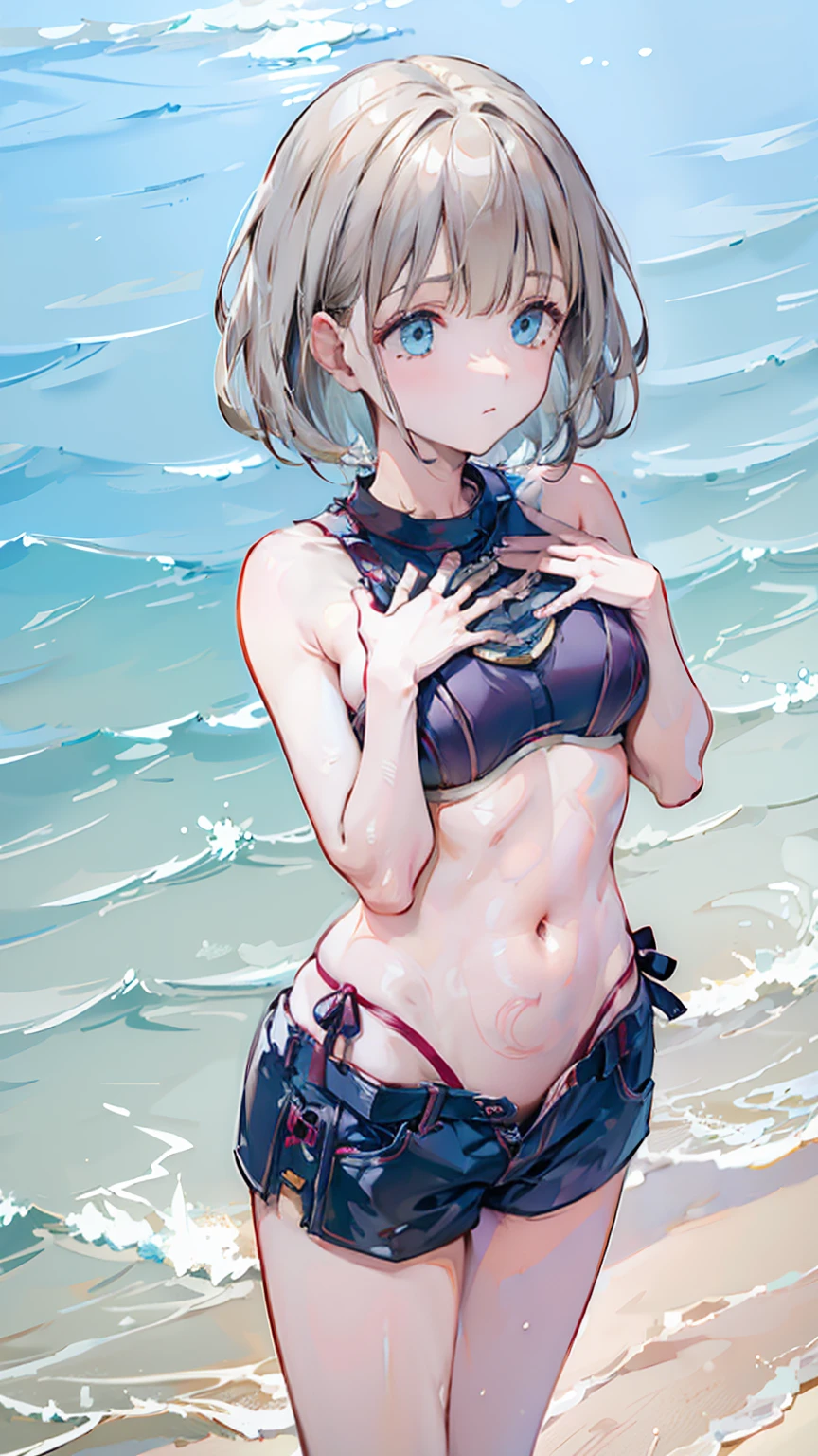 nsfw,white_micro_bikini,ultra high quality,masterpiece,(((embarrassed,hands_on_chest,open mouth,smile,enjoy))), Asahi_serizawa/(idol_m@ster/),(((swimming in the water around the beach))),BREAK,(((silver_short_hair,matur_adult)))