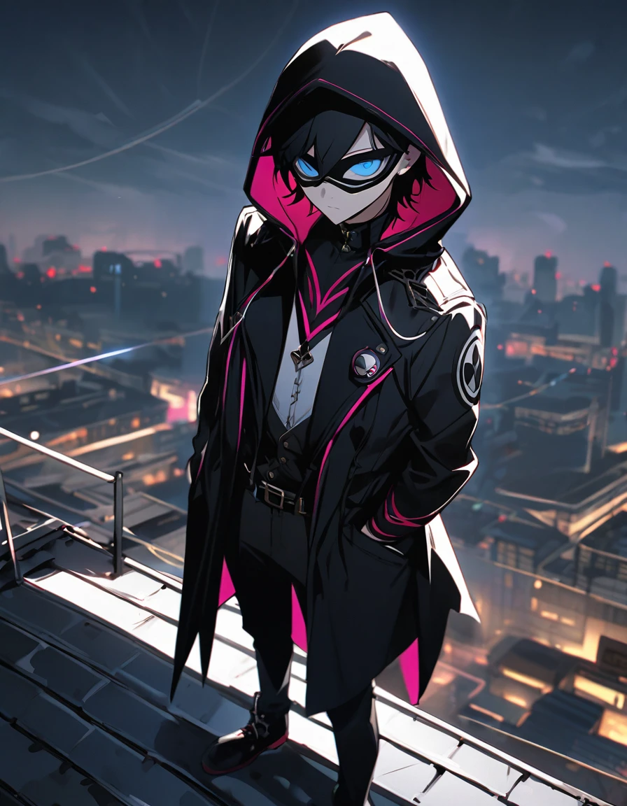 emotionless, cool, 1 male teenager, black hair with white strands, blue eyes, persona mask, covered eyes, black coat and hood, standing on a rooftop, phantom thief