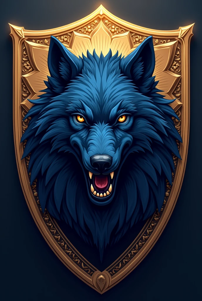 Create a shield of a wolf in dark blue and gold colors