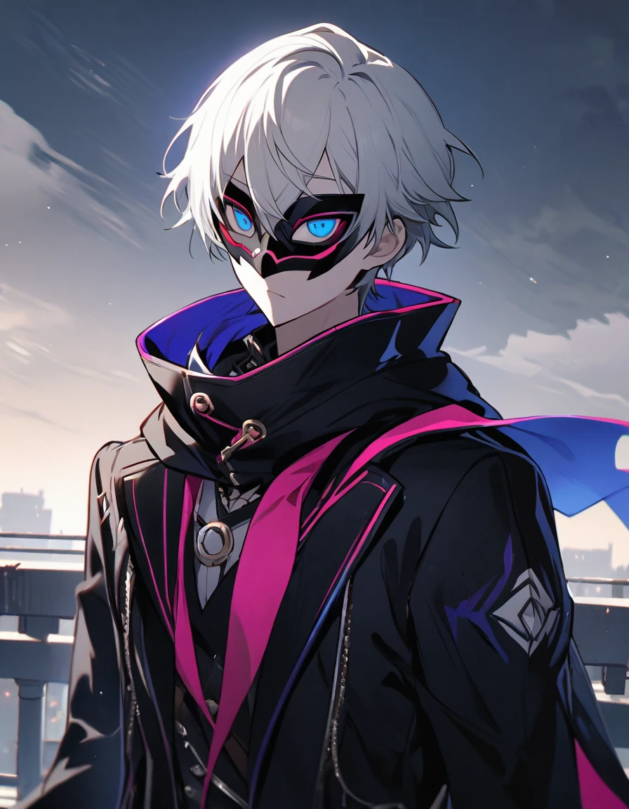 emotionless, cool, 1 male teenager, black and white hair, blue eyes, persona mask, covered eyes, black coat and hood, standing on a rooftop, phantom thief, closeup