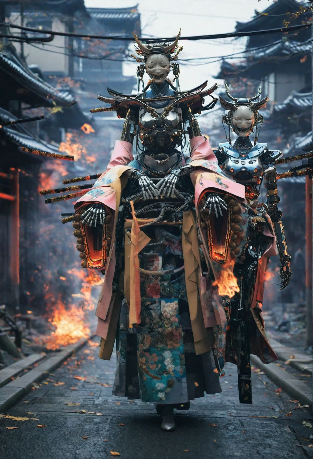 The surroundings are burning、fire、night、There are a lot of mechanical arms、Six arms、Creating an image of a female android in a beautiful kimono walking through the streets of Kyoto. The style is terrible, and the fusion of humans and Robots has a mysterious and creepy atmosphere amidst the beauty. In the background is an old Japanese cityscape. It has a long neck made of machines and wears a mask. Imagine a strange and eerie picture - Ar 9:16.
creepy atmosphere, fusion, Horror, Japanese cityscape, long neck, Robots, at 6